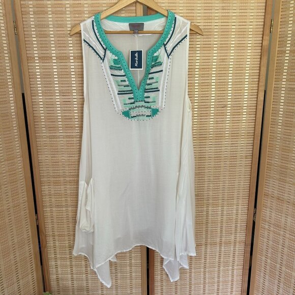 Sleeveless White Tunic With Embroidered Turquoise Neckline & Handkerchief Hem - Picture 1 of 7